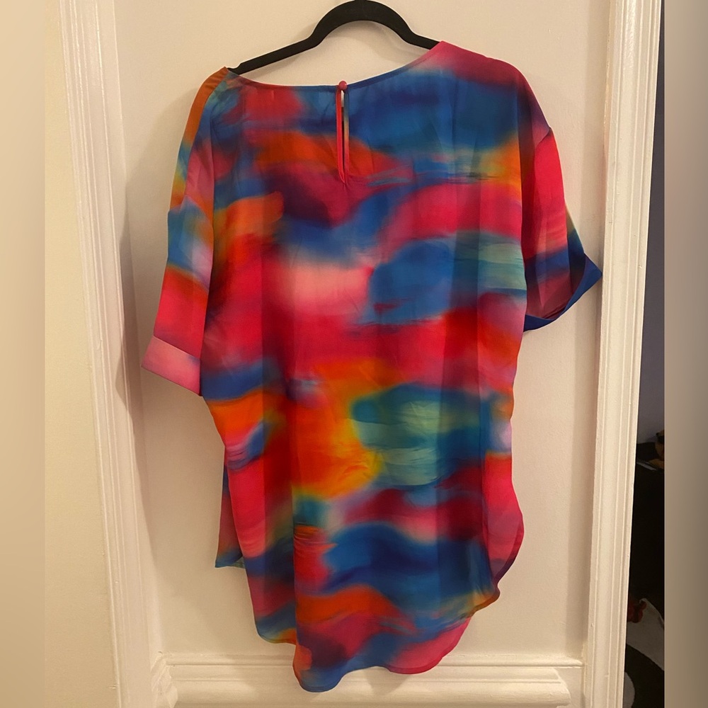 New York & Company Bright Multicolor Watercolor Short Sleeve Blouse - Picture 5 of 5